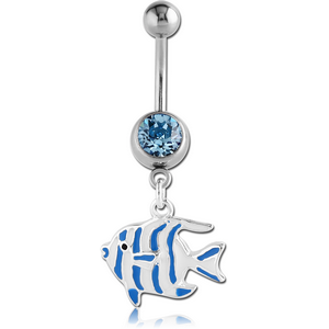 SURGICAL STEEL JEWELLED NAVEL BANANA WITH DANGLING ENAMEL CHARM - FISH