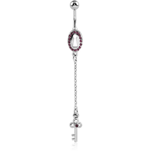 RHODIUM PLATED BRASS JEWELLED LOCK NAVEL BANANA WITH DANGLING CHARM - KEY