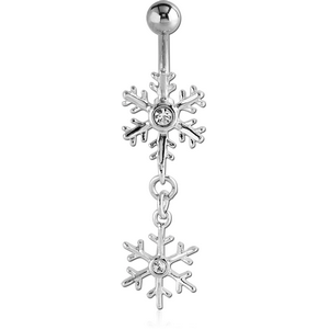 RHODIUM PLATED BRASS JEWELLED SNOWFLAKE NAVEL BANANA WITH DANGLING CHARM - SNOWFLAKE