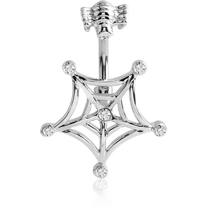 RHODIUM PLATED BRASS JEWELLED NAVEL BANANA - SPIDER AND WEB