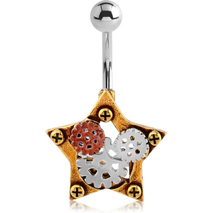 SURGICAL STEEL JEWELLED NAVEL BANANA WITH DANGLING BRASS WHITE METAL AND COPPER PARTS CHARM - STEAMPUNK