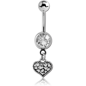 RHODIUM PLATED BRASS JEWELLED NAVEL BANANA WITH CHARM - HEARTS IN HEART