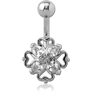 RHODIUM PLATED BRASS JEWELLED NAVEL BANANA - HEART FILIGREE