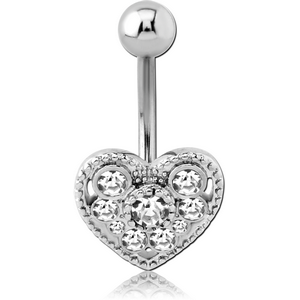 RHODIUM PLATED BRASS JEWELLED NAVEL BANANA - HEART