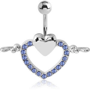 RHODIUM PLATED BRASS JEWELLED NAVEL BANANA - HEART BELLY CLIP