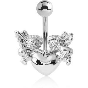 RHODIUM PLATED BRASS JEWELLED NAVEL BANANA - CHERUBS HOLD HEART