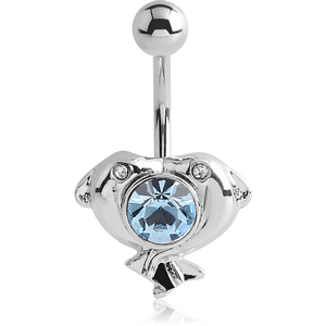 RHODIUM PLATED BRASS JEWELLED NAVEL BANANA - FISH FACE