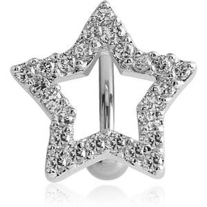 RHODIUM PLATED BRASS JEWELLED REVERSE NAVEL BANANA - STAR