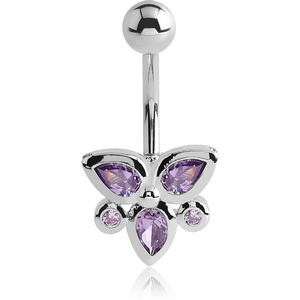 RHODIUM PLATED BRASS JEWELLED NAVEL BANANA - BUTTERFLY