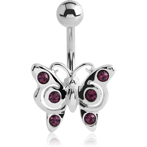 RHODIUM PLATED BRASS JEWELLED NAVEL BANANA - BUTTERFLY