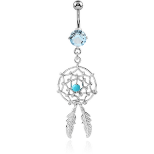 RHODIUM PLATED BRASS JEWELLED NAVEL BANANA WITH DANGLING CHARM - DREAMCATCHER FEATHER