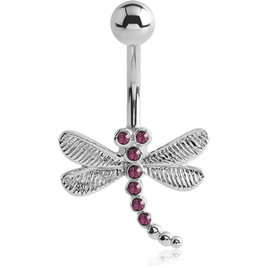 RHODIUM PLATED BRASS JEWELLED NAVEL BANANA - DRAGONFLY