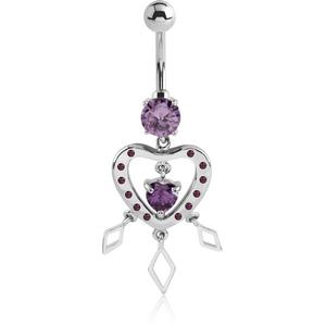 RHODIUM PLATED BRASS JEWELLED NAVEL BANANA WITH DANGLING CHARM - HEART