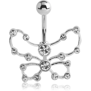 RHODIUM PLATED BRASS JEWELLED NAVEL BANANA - BUTTERFLY