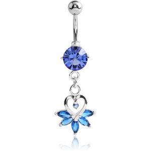 RHODIUM PLATED BRASS JEWELLED NAVEL BANANA WITH DANGLING CHARM - HEART
