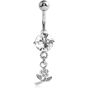 RHODIUM PLATED BRASS JEWELLED NAVEL BANANA WITH DANGLING CHARM - FLOWER