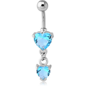 RHODIUM PLATED BRASS JEWELLED HEART NAVEL BANANA WITH DANGLING CHARM - HEART