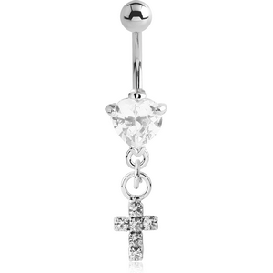 RHODIUM PLATED BRASS JEWELLED HEART NAVEL BANANA WITH DANGLING CHARM - CROSS