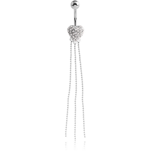 RHODIUM PLATED BRASS JEWELLED HEART NAVEL BANANA WITH DANGLING CHAINS