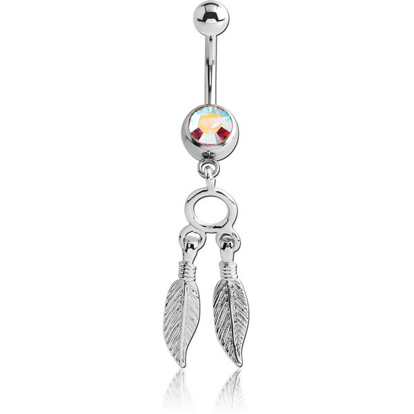 SURGICAL STEEL JEWELLED VALUE NAVEL BANANA WITH DANGLING CHARM - FEATHER