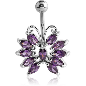 RHODIUM PLATED BRASS JEWELLED NAVEL BANANA - BUTTERFLY