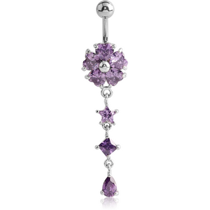 RHODIUM PLATED BRASS JEWELLED FLOWER NAVEL BANANA WITH DANGLING CHARM - STAR AND DROP