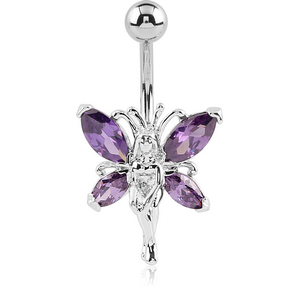 RHODIUM PLATED BRASS JEWELLED NAVEL BANANA - FAIRY