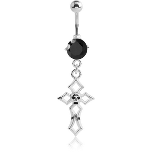 RHODIUM PLATED BRASS JEWELLED NAVEL BANANA WITH DANGLING CHARM - SKULL CROSS