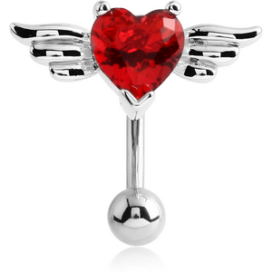 RHODIUM PLATED BRASS JEWELLED REVERS NAVEL BANANA - WINGED HEART