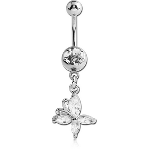 SURGICAL STEEL JEWELLED NAVEL BANANA WITH DANGLING CHARM - BUTTERFLY