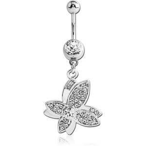 SURGICAL STEEL JEWELLED NAVEL BANANA WITH DANGLING CHARM - BUTTERFLY