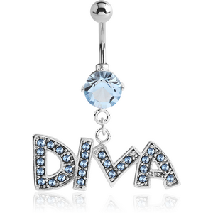 RHODIUM PLATED BRASS JEWELLED NAVEL BANANA WITH DANGLING CHARM - DIVA