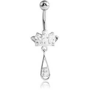 RHODIUM PLATED BRASS JEWELLED CROWN NAVEL BANANA WITH DANGLING CHARM - DROP