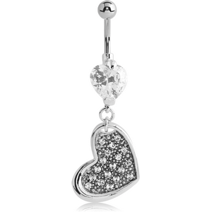 RHODIUM PLATED BRASS JEWELLED NAVEL BANANA WITH DANGLING CHARM - HEART