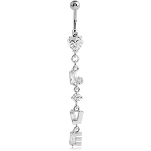 RHODIUM PLATED BRASS JEWELLED HEART NAVEL BANANA WITH DANGLING CHARM - LOVE