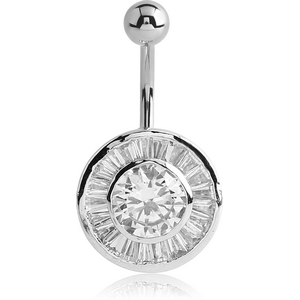 RHODIUM PLATED BRASS CZ JEWELLED NAVEL BANANA - CIRCLE