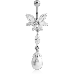 RHODIUM PLATED BRASS JEWELLED BUTTERFLY NAVEL BANANA WITH DANGLING CHARM - SYNTHETIC PEARL