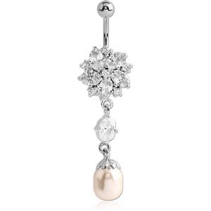 RHODIUM PLATED BRASS SNOWFLAKE JEWELLED NAVEL BANANA WITH DANGLING CHARM - SYNTHETIC PEARL