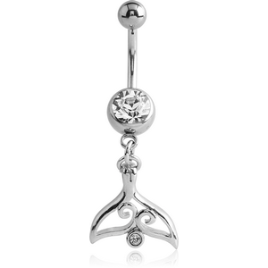 SURGICAL STEEL JEWELLED NAVEL BANANA WITH DANGLING CHARM - TAIL FIN