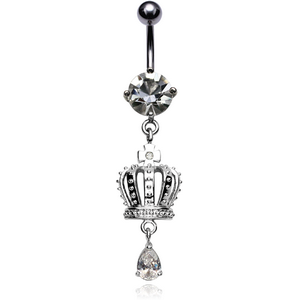 RHODIUM PLATED BRASS JEWELLED NAVEL BANANA WITH DANGLING CHARM - CROWN