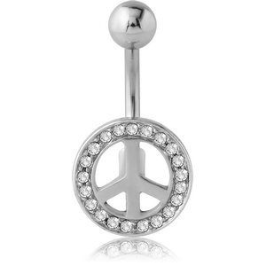 SURGICAL STEEL JEWELLED NAVEL BANANA - PEACE SIGN