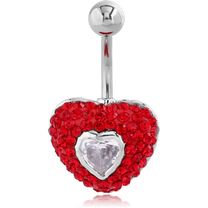 RHODIUM PLATED BRASS CRYSTALINE JEWELLED NAVEL BANANA - HEART