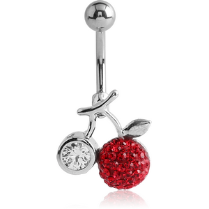 RHODIUM PLATED BRASS CRYSTALINE JEWELLED NAVEL BANANA - CHERRIES