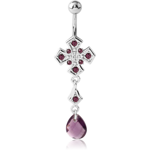 RHODIUM PLATED BRASS JEWELLED IRON CROSS NAVEL BANANA WITH DANGLING CHARM - DROP