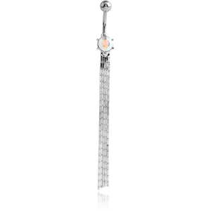 RHODIUM PLATED BRASS SWAROVSKI CRYSTALS JEWELLED NAVEL BANANA WITH DANGLING CHAINS