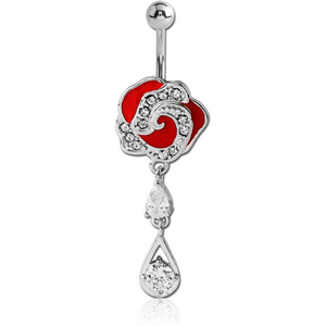 RHODIUM PLATED BRASS JEWELLED FLOWER NAVEL BANANA WITH ENAMEL - DROP