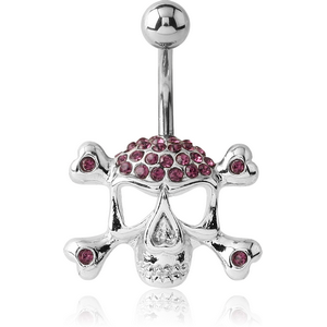 RHODIUM PLATED BRASS CRYSTALINE JEWELLED NAVEL BANANA - SKULL CROSSBONES