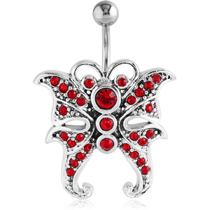 RHODIUM PLATED BRASS JEWELLED NAVEL BANANA - BUTTERFLY