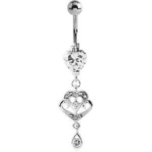 RHODIUM PLATED BRASS HEART JEWELLED NAVEL BANANA WITH DANGLING CHARM - HEART AND DROP