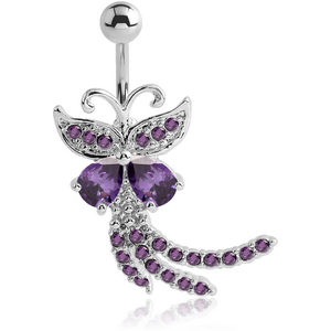 RHODIUM PLATED BRASS JEWELLED NAVEL BANANA - BUTTERFLY